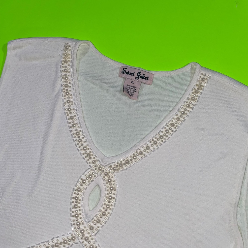 Sweet Juliet White Pearl Embellished V-Neck‎ Sleeveless Knit Top XL Womens